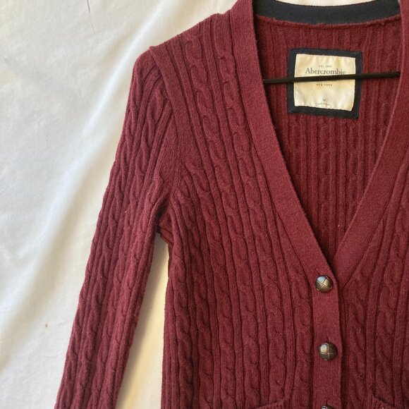 Abercrombie Fitch Burgundy Red Cotton Cardigan Sweater Womens Size M Cable Knit - Picture 4 of 16